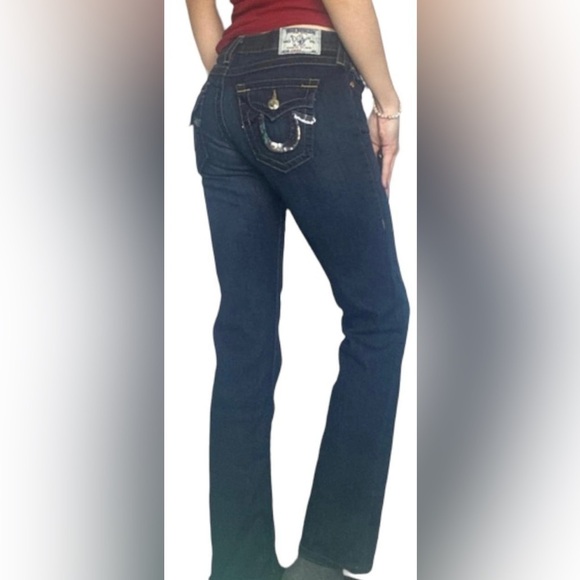 True Religion Y2K‎ Hi-Rise Boot Cut Blue Jeans Mini Sequin Logo Size 27 - Picture 1 of 9